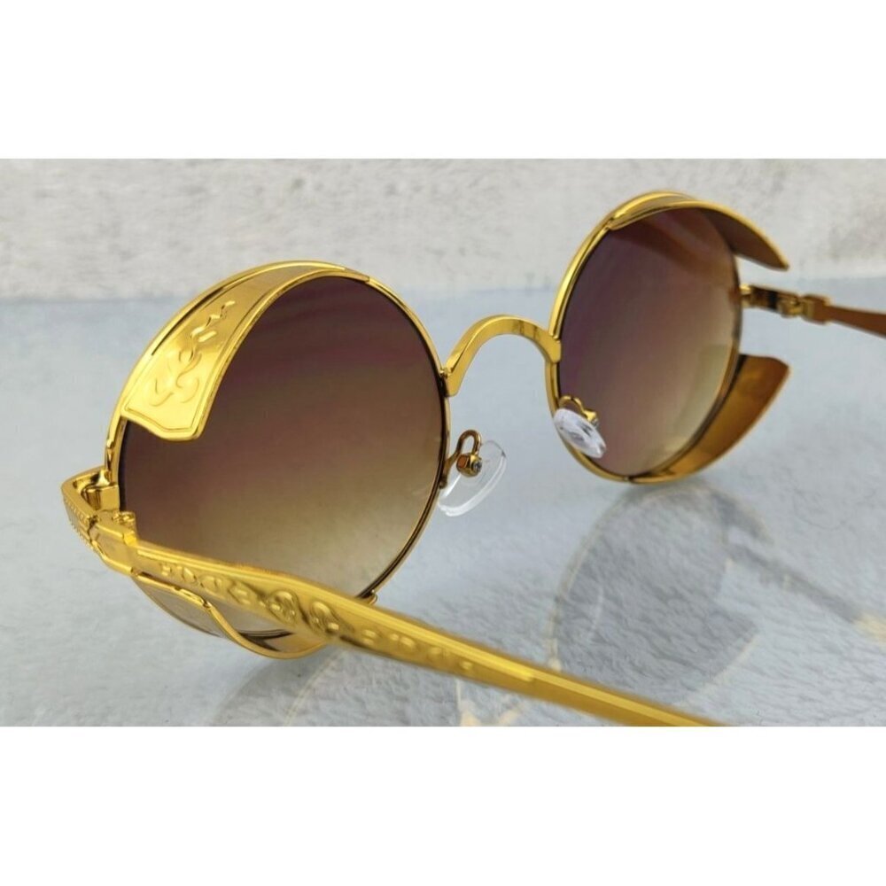 Sunglasses Round Metal Steampunk Gold Frame Brown Lens Diesel Punk Cosplay - Picture 5 of 11